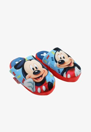Zapatillas de casa azules y esponjosas con diseños de Mickey Mouse, ribete rojo y una textura suave. Incluyen patrones coloridos con la cara y los guantes de Mickey.