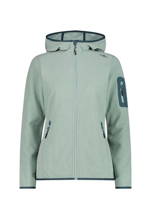 Chaqueta con capucha y cremallera de color verde claro, de tejido texturizado, con dos bolsillos delanteros y un bolsillo con cremallera en la manga.