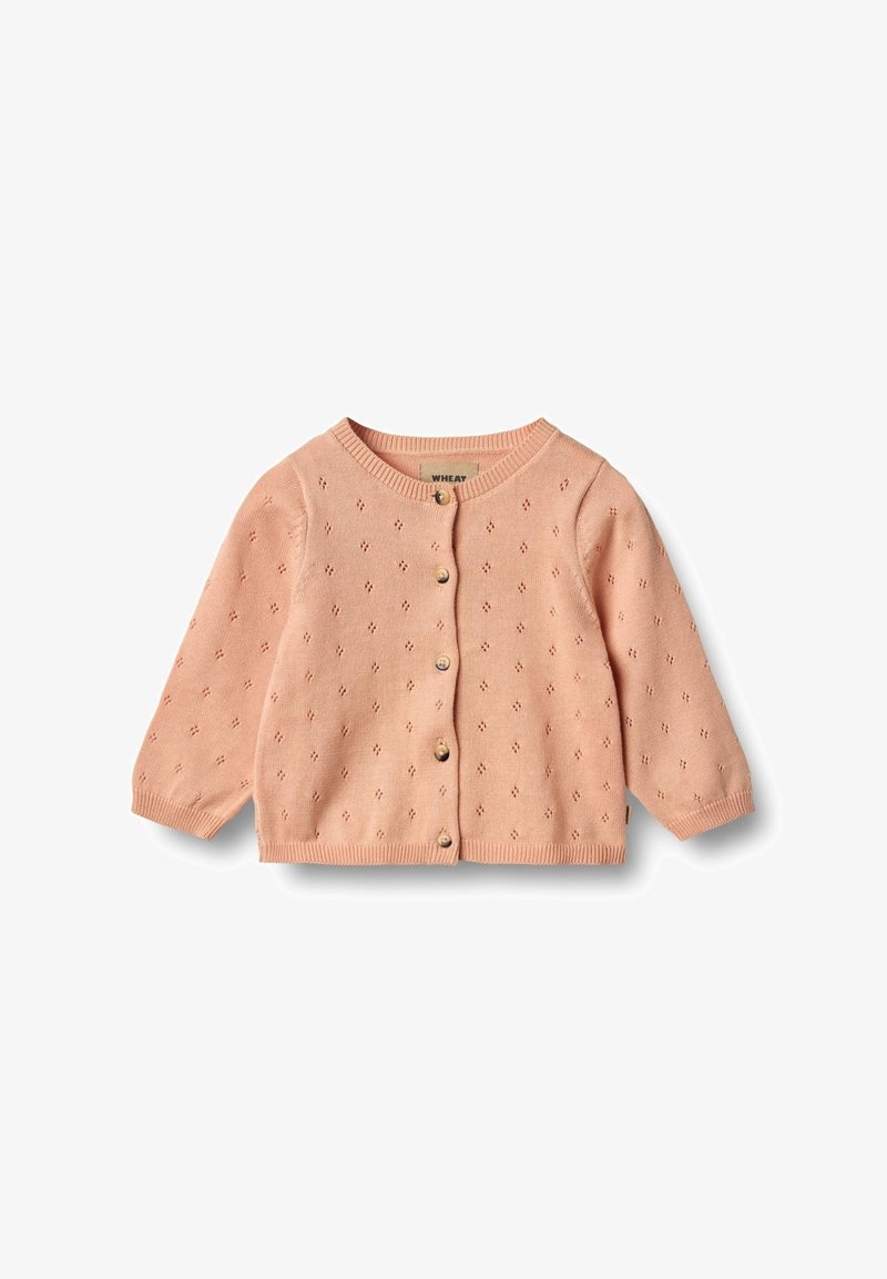 Ljust rosa stickad cardigan med rund halsringning, långa ärmar och små knappar. Har ett hålmönster genom hela tyget.