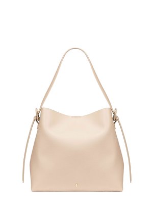 Beżowa skórzana torba na ramię z pojedynczym uchwytem, minimalistycznym wzornictwem i regulowanymi bocznymi paskami.