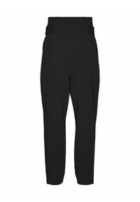 Pantalons noirs avec une taille haute et large, des plis à l'avant et une coupe fuselée. Texture de tissu lisse, style minimaliste.