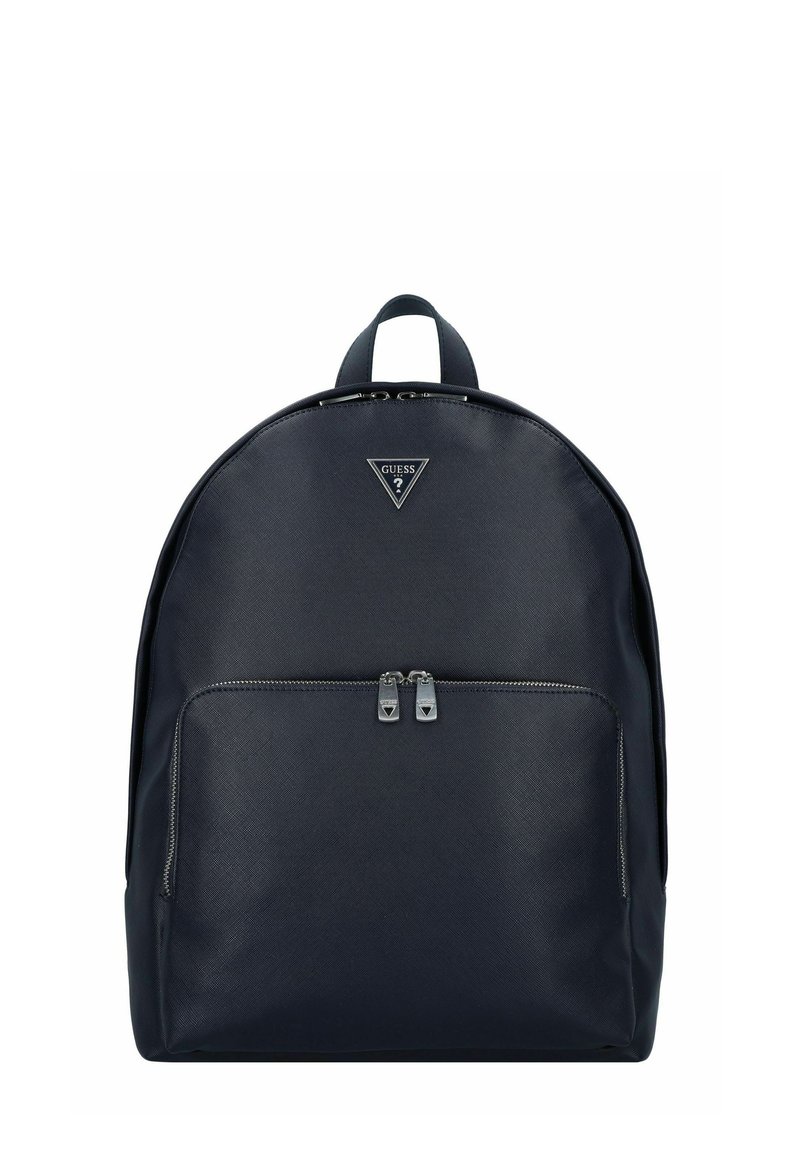 Zaino in pelle blu navy con texture liscia, forma arrotondata, tasca frontale con zip e triangolo logo metallico. Doppie cerniere per una chiusura sicura.