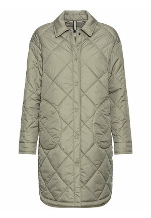 Quilted long jacket in light olive green, featuring snap buttons, side pockets, a collar, and a smooth, shiny exterior texture.