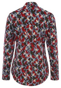 Long-sleeve shirt with a multicolored bird pattern in red, dark green, pink, and white on a light blue background.