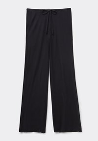 Zwarte wijde broek van ribstof. Voorzien van een trekkoord in de taille voor aanpassing en een relaxed fit. Soepele textuur, casual ontwerp.