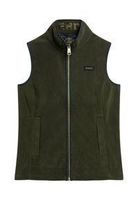 Bezrękawnik z oliwkowego polaru, z wysokim kołnierzem, złotym suwakem, bocznymi kieszeniami i granatowymi wykończeniami na krawędziach.