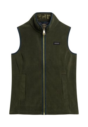 Gilet sans manches en polaire vert olive avec un col montant, fermeture éclair dorée, poches latérales et bordures bleu marine.
