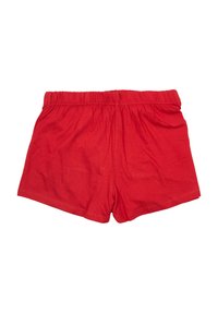 Shorts rossi in cotone con vita elastica, caratterizzati da una vestibilità ampia e senza ulteriori motivi o accessori. Texture liscia e design casual.