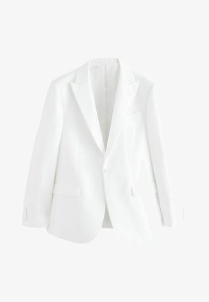 White tailored blazer featuring a single front button, notched lapels, and two front pockets. Smooth fabric with a clean, minimalist design.