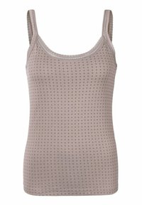 Light beige tank top with thin straps, featuring a subtle dotted pattern and lace trim around the neckline and armholes. Soft texture.