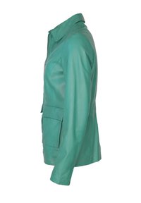 Teal Lederjacke mit einem kragenförmigen Ausschnitt, ausgestattet mit einem Reißverschluss, zwei großen Taschen und einer taillierten Silhouette. Glatte Textur.