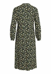 Robe midi noire à manches longues avec imprimé floral blanc et jaune, dotée d'une taille cintrée et de poignets froncés.