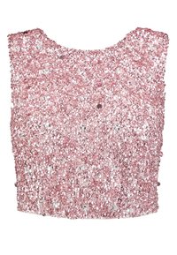 Vaaleanpunainen paljeteilla varustettu hihaton crop-top, jossa on pyöreä pääntie ja tiheästi peitetty kimaltavilla koristeilla.