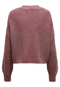 Chunky gebreide trui in een gedempt mauve kleur, cropped ontwerp met lange, brede mouwen en geribde manchetten, textiel met een losse weving.