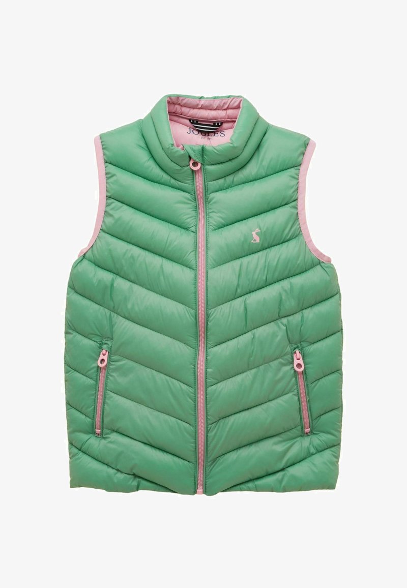 Gilet senza maniche trapuntato verde con cerniera rosa, cerniere delle tasche e fodera, con un piccolo logo con un coniglio sul petto.