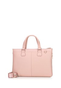 Różowa torebka syntetyczna z podwójnymi uchwytami, zamknięciem na zamek błyskawiczny oraz odpinanym paskiem na ramię. Gładka tekstura i subtelne detale szwów.