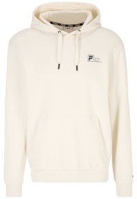 Bluza z kapturem w kremowym kolorze, wykonana z miękkiego materiału. Posiada kieszeń kangur, sznurki oraz małe logo Fila na piersi. Mankiety wykończone ściągaczami.