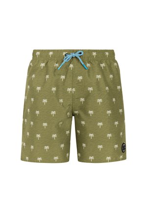 Olijfgroene zwemshorts met een wit palmboomprint, blauw-wit trekkoord en een klein rond zwart logo op het linkerbeen.