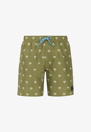 Shorts de bain vert olive avec motif de palmiers blancs, cordon bleu et blanc, et un petit logo circulaire noir sur la jambe gauche.