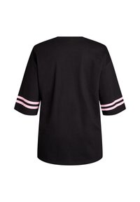 Black t-shirt with a loose fit, featuring pink double stripes on each sleeve. Made of soft cotton with a round neckline and short sleeves.
