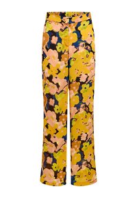 Pantalones anchos de flores en amarillo, con flores rosas y azules y acentos verdes. El material tiene un acabado texturizado y cinturilla elástica.
