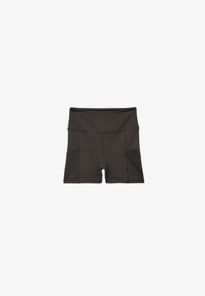 Shorts de sport noirs avec une texture lisse, taille haute et deux poches latérales, dotés de coutures plates pour un confort maximal.
