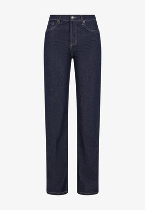 Granatowe dżinsy z prostymi nogawkami, z widocznym przeszyciem, zamknięciem na guziki z przodu i dwiema bocznymi kieszeniami.