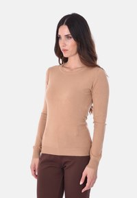 Maglione a maniche lunghe beige con collo rotondo, vestibilità aderente, polsini a costine e texture liscia, abbinato a pantaloni marroni attillati.