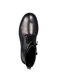 Schwarze Leder-Ankleboots mit glatter Oberfläche, runder Zehenform und Schnürdesign. Mit gepolstertem Schaftrand und strukturiertem Seitenpaneel.