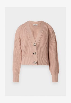 Chunky strikket støvet rosa cropped cardigan med tre store marmorerede knapper og en V-halskrave, vist på en hvid baggrund.