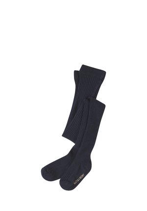 Pair of long, ribbed navy blue socks with "KATIA & BONY" text on the foot, laid flat and slightly folded.