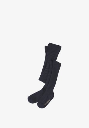 Paar lange, gerippte marineblaue Socken mit dem Text "KATIA & BONY" auf dem Fuß, flach ausgelegt und leicht gefaltet.