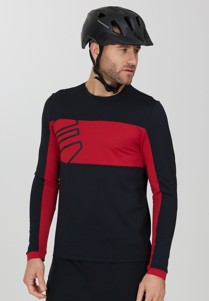 Langarm sportshirt met een slim fit ontwerp, een marineblauwe body en een horizontale rode streep, gestructureerde stof en een logo-accent.