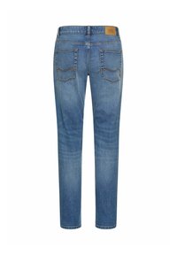 Blauwe denim jeans met een recht model, met twee achterzakken met stikselaccenten en een tan merklabel op de tailleband.