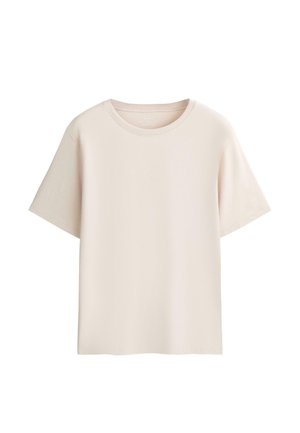 T-shirt a maniche corte, beige chiaro, scollo rotondo, mostrata frontalmente su sfondo bianco, design semplice.