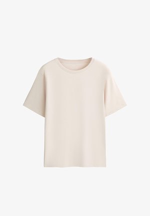 T-shirt a maniche corte, beige chiaro, scollo rotondo, mostrata frontalmente su sfondo bianco, design semplice.