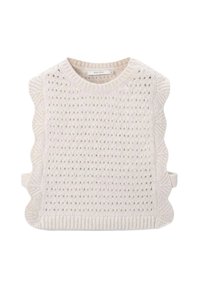 Helles cremefarbenes Stricktop mit offenen Mustern, gewellten Kanten und Rundhalsausschnitt. Verfügt über Seitenschnürungen und eine strukturierte Oberfläche.