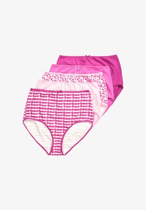 Pakke med fem par bomuldsunderbukser i forskellige nuancer af pink, som inkluderer ensfarvede, hjerteret mønster og ternet design. Elastisk talje.