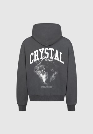 Czarny szary hoodie z dużą białą grafiką wilka oraz napisem "CRYSTAL Paris" z tyłu. Projekt ma teksturowane wykończenie i prążkowane mankiety.