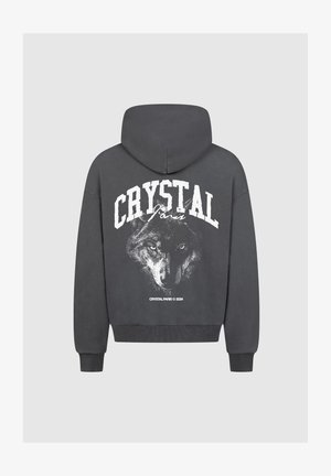 Czarny szary hoodie z dużą białą grafiką wilka oraz napisem "CRYSTAL Paris" z tyłu. Projekt ma teksturowane wykończenie i prążkowane mankiety.