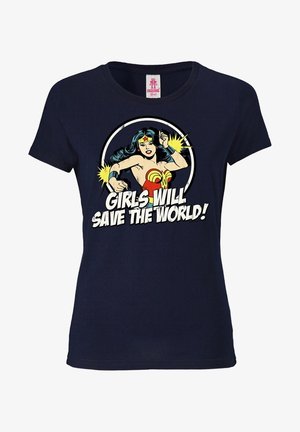 Navy blue cotton t-shirt featuring a printed comic-style illustration of a female superhero with the text "GIRLS WILL SAVE THE WORLD!"