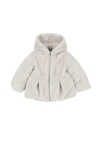 Veste à capuche en fausse fourrure douce couleur crème, manches longues et fermeture zippée à l'avant pour enfants.