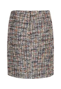 Falda corta de tweed con un patrón multicolor que incluye detalles en negro, blanco y acentos vibrantes. Corte recto con una abertura en la parte posterior.