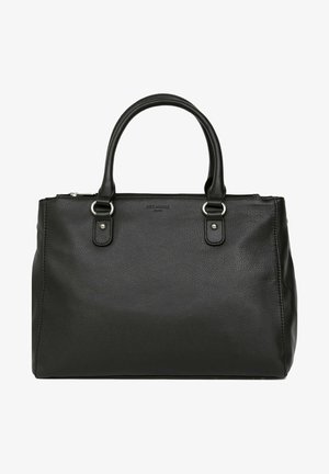 Borsa a mano in pelle nera con texture liscia, forma rettangolare, doppio manico superiore, accenti metallici argentati e chiusura a zip.