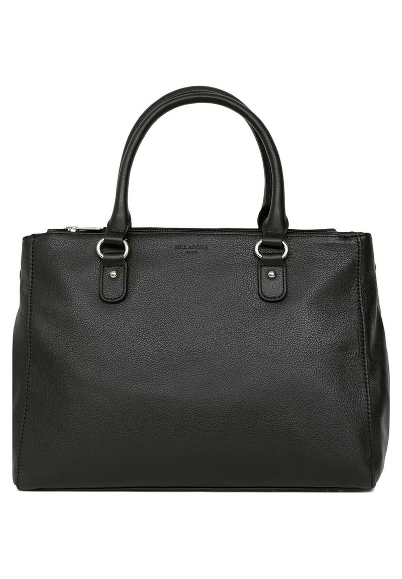 Borsa a mano in pelle nera con texture liscia, forma rettangolare, doppio manico superiore, accenti metallici argentati e chiusura a zip.