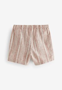 Shorts rayés de couleur rose clair et crème, fabriqués dans un tissu texturé avec une taille élastique. Présente des rayures verticales.