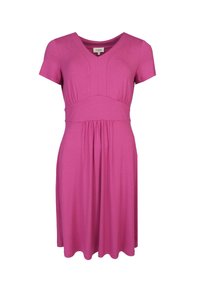 Kleid mit kurzen Ärmeln aus leuchtend pinkem Stoff. Verfügt über einen V-Ausschnitt und eine Empire-Taille mit gerafftem Rock. Glatte Textur, knielanges Design.