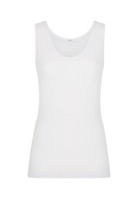 Canottiera bianca senza maniche con scollo a barco, realizzata in tessuto liscio. Design semplice e forma aderente, adatta per essere indossata a strati.
