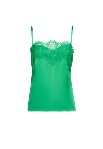 Top de satin verde cu dantelă la decolteu, cu bretele ajustabile și o siluetă netedă, fluidă.
