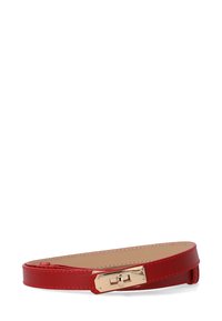 Red leather bracelet with a smooth texture, featuring a gold-tone metallic clasp and clean lines. Simple design with minimal embellishments.